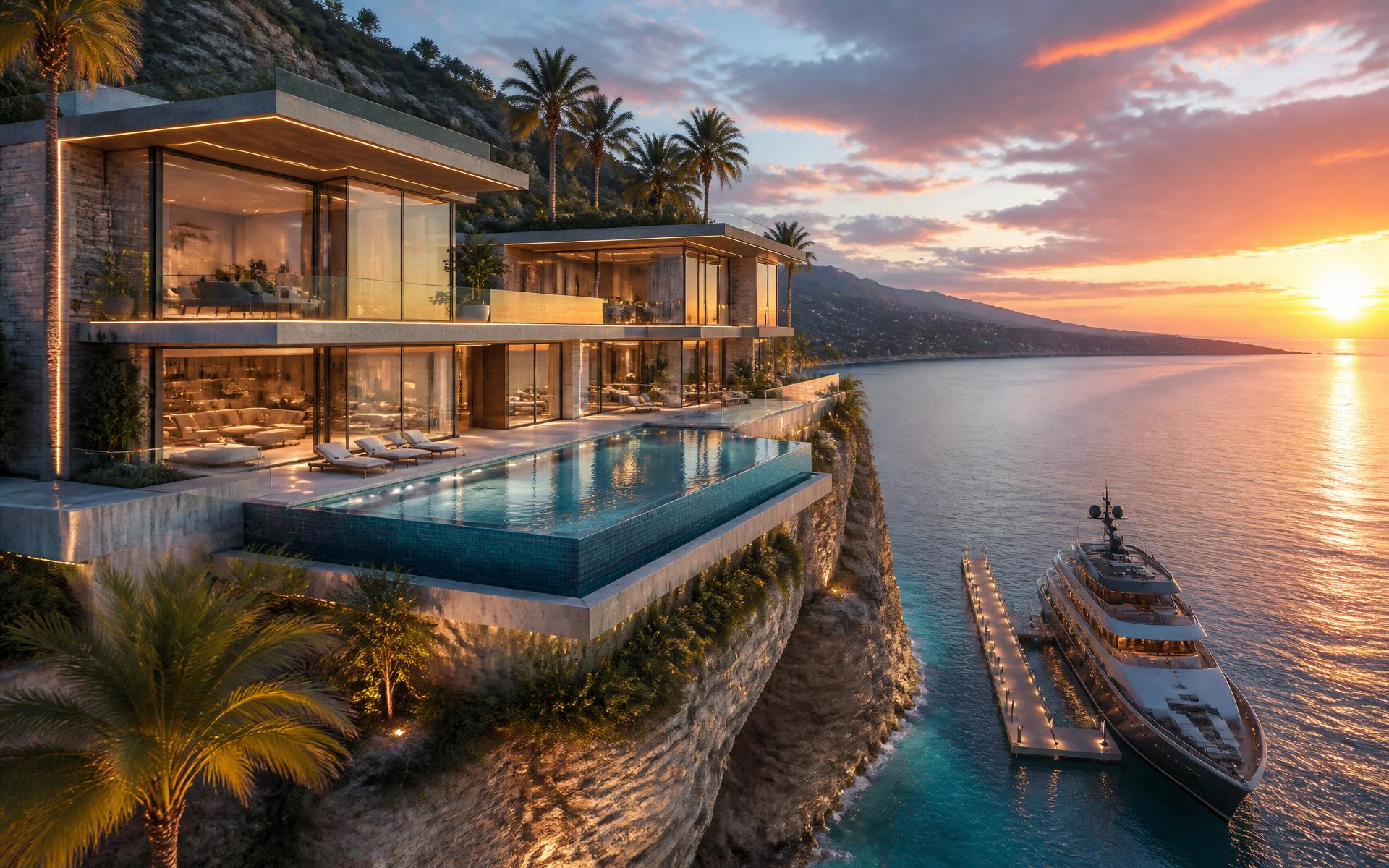 Cliffside luxury waterfront mansion with infinity pool and superyacht at sunset